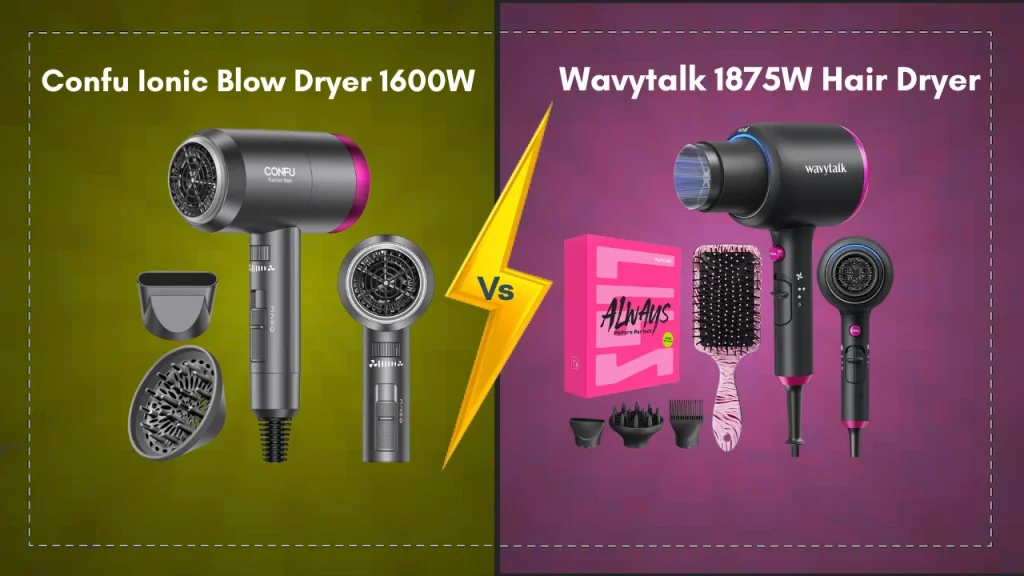 Confu Ionic 1600W Blow Dryer vs Wavytalk 1875W Hair Dryer comparison with accessories